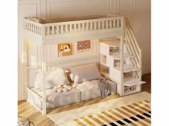 Best Cama altillo 90x200 cm - con escalera de seguridad - con barreras de seguridad - con iluminación LED - natural​ (colchón no incluido) Cama Alta