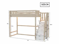 Best Cama altillo 90x200 cm - con escalera de seguridad - con barreras de seguridad - con iluminación LED - natural​ (colchón no incluido) Cama Alta
