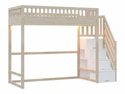 Best Cama altillo 90x200 cm - con escalera de seguridad - con barreras de seguridad - con iluminación LED - natural​ (colchón no incluido) Cama Alta