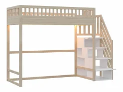 Best Cama altillo 90x200 cm - con escalera de seguridad - con barreras de seguridad - con iluminación LED - natural​ (colchón no incluido) Cama Alta