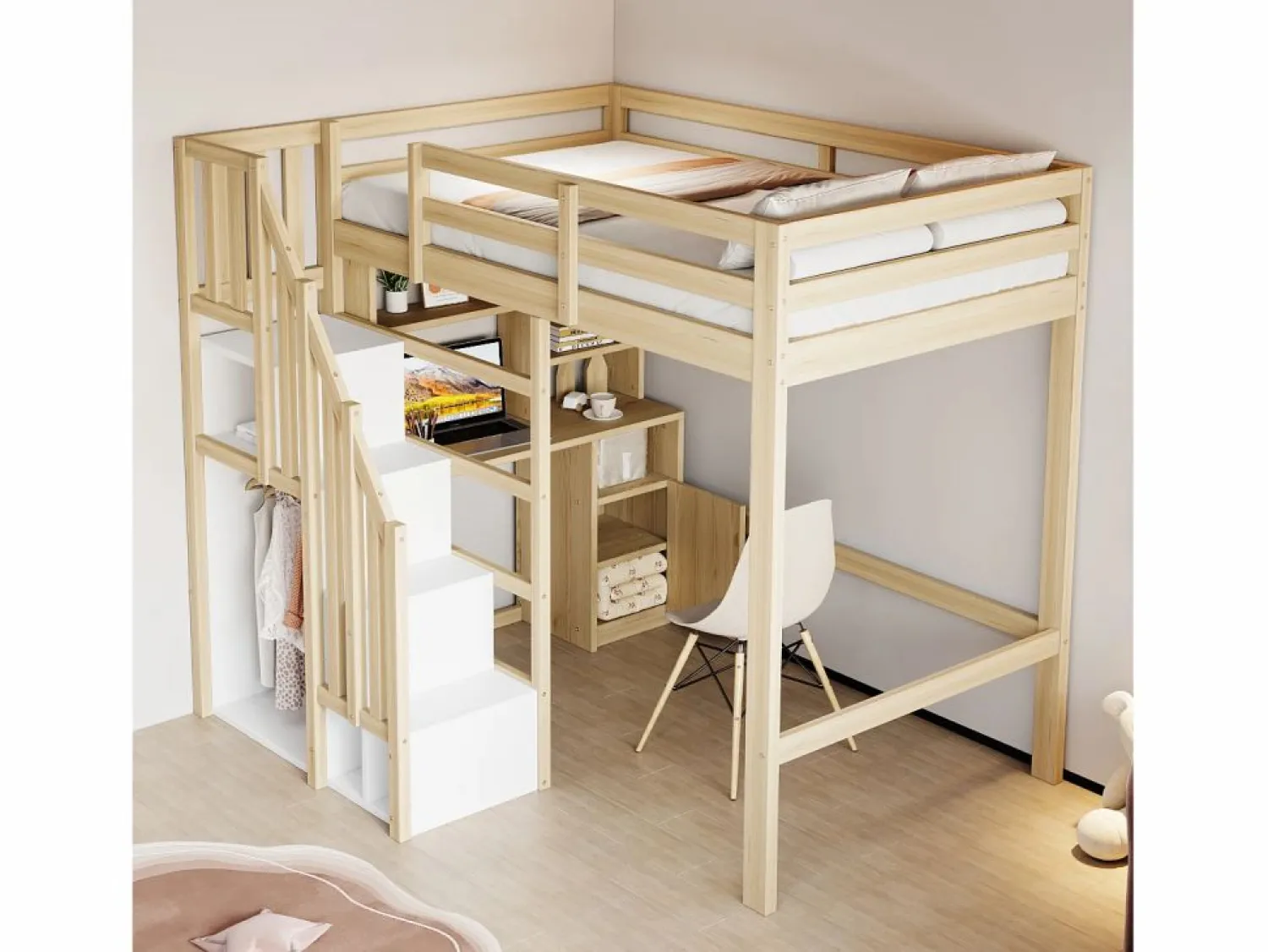 ModernLuxe Cama altillo 90x200 cm - con estantes - con mesa de trabajo - con escalera - natural (colchón no incluido)