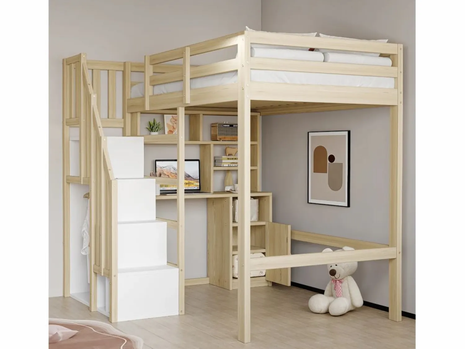 ModernLuxe Cama altillo 90x200 cm - con estantes - con mesa de trabajo - con escalera - natural (colchón no incluido)