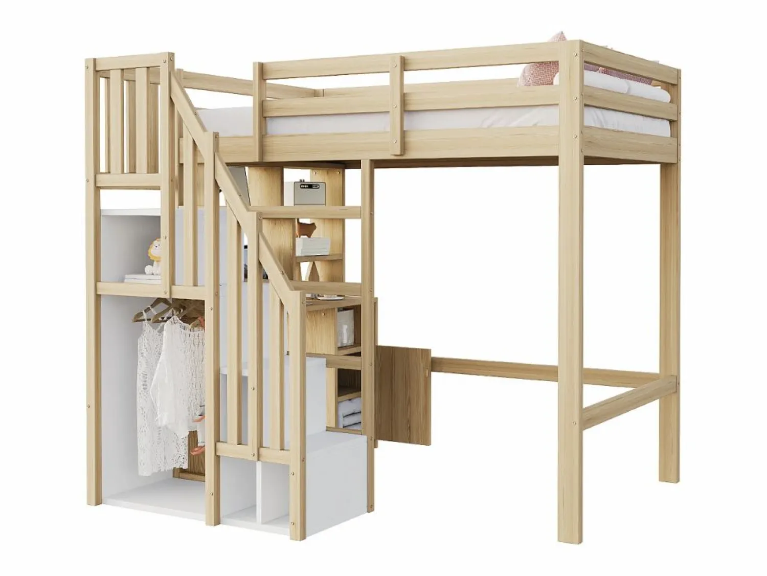 ModernLuxe Cama altillo 90x200 cm - con estantes - con mesa de trabajo - con escalera - natural (colchón no incluido)