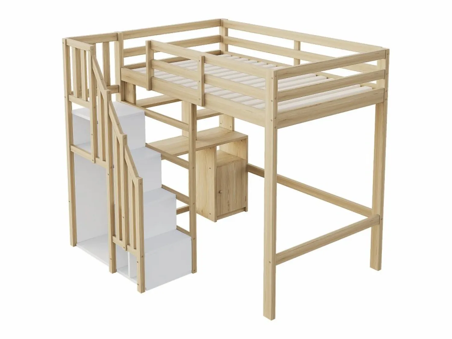 ModernLuxe Cama altillo 90x200 cm - con estantes - con mesa de trabajo - con escalera - natural (colchón no incluido)