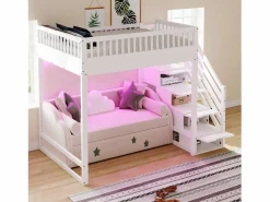 Sale Cama altillo 140x200 cm - con escalera de seguridad - con barreras de seguridad - equipado de luces LED - ​ (colchón no incluido) Cama Alta