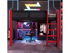 Outlet Cama altillo 140x200cm - con iluminación LED - con escritorio - con escalera y armario - con 1 cajón - negro + rojo​ (colchón no incluido) Cama Alta