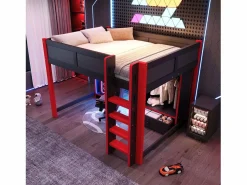 Outlet Cama altillo 140x200cm - con iluminación LED - con escritorio - con escalera y armario - con 1 cajón - negro + rojo​ (colchón no incluido) Cama Alta