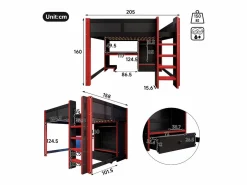 Outlet Cama altillo 140x200cm - con iluminación LED - con escritorio - con escalera y armario - con 1 cajón - negro + rojo​ (colchón no incluido) Cama Alta