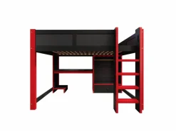 Outlet Cama altillo 140x200cm - con iluminación LED - con escritorio - con escalera y armario - con 1 cajón - negro + rojo​ (colchón no incluido) Cama Alta