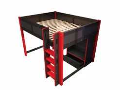 Outlet Cama altillo 140x200cm - con iluminación LED - con escritorio - con escalera y armario - con 1 cajón - negro + rojo​ (colchón no incluido) Cama Alta