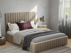 Vente-unique Cama arcón cabecero costuras verticales 160 x 200 cm terciopelo gris arenoso - LARALI II