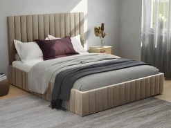 Discount Cama arcón de 160 x 200 cm con cabecero con costuras verticales terciopelo gris + colchón - LARALI Cama Terciopelo