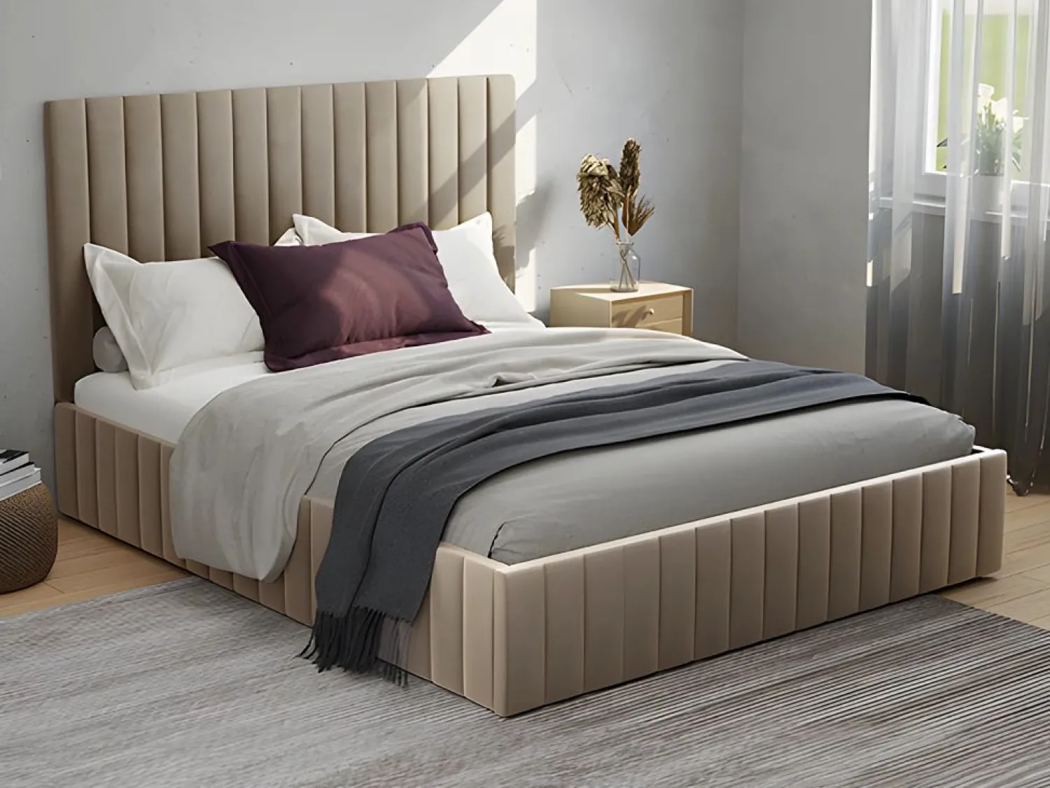 Discount Cama arcón de 160 x 200 cm con cabecero con costuras verticales terciopelo gris + colchón - LARALI Cama Terciopelo