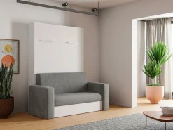 New Vente-unique Cama armario batiente con sofá 140 x 200 cm blanco y gris + colchón - VACIALA II Gris / Blanco