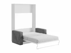 New Vente-unique Cama armario batiente con sofá 140 x 200 cm blanco y gris + colchón - VACIALA II Gris / Blanco