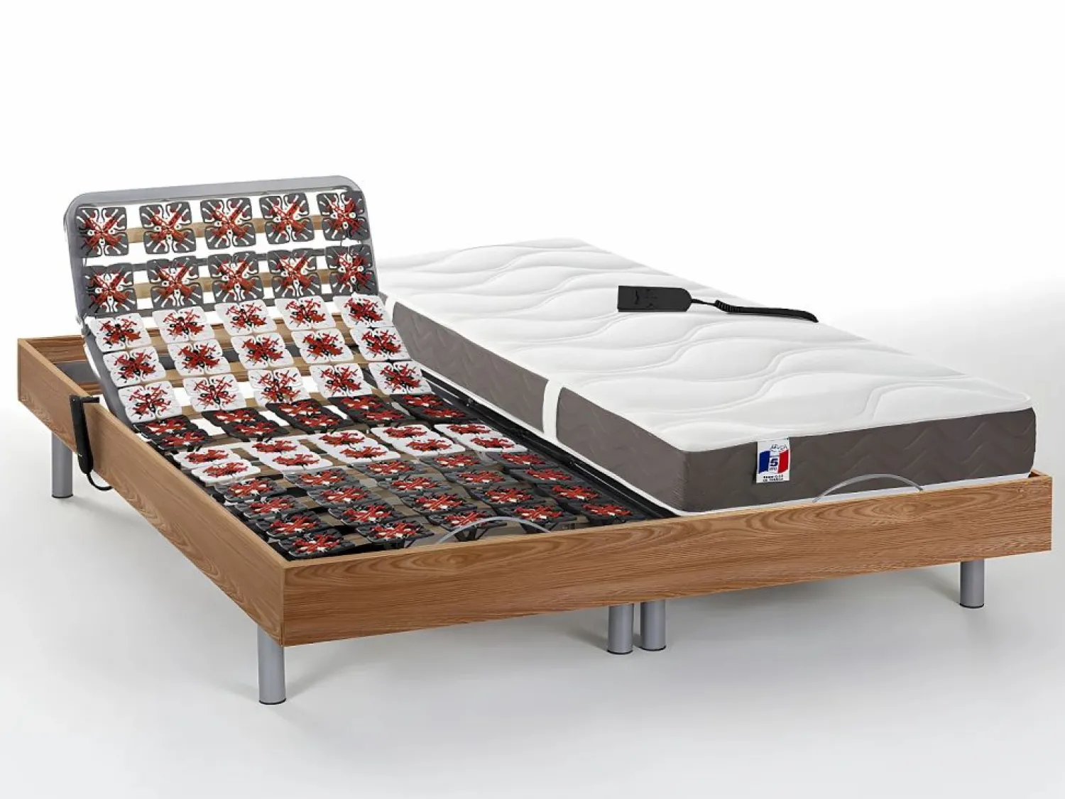 Ysmée Cama articulada eléctrica somier colchón látex 3 zonas 2 x 90 x 200 cm tela gris TIARI