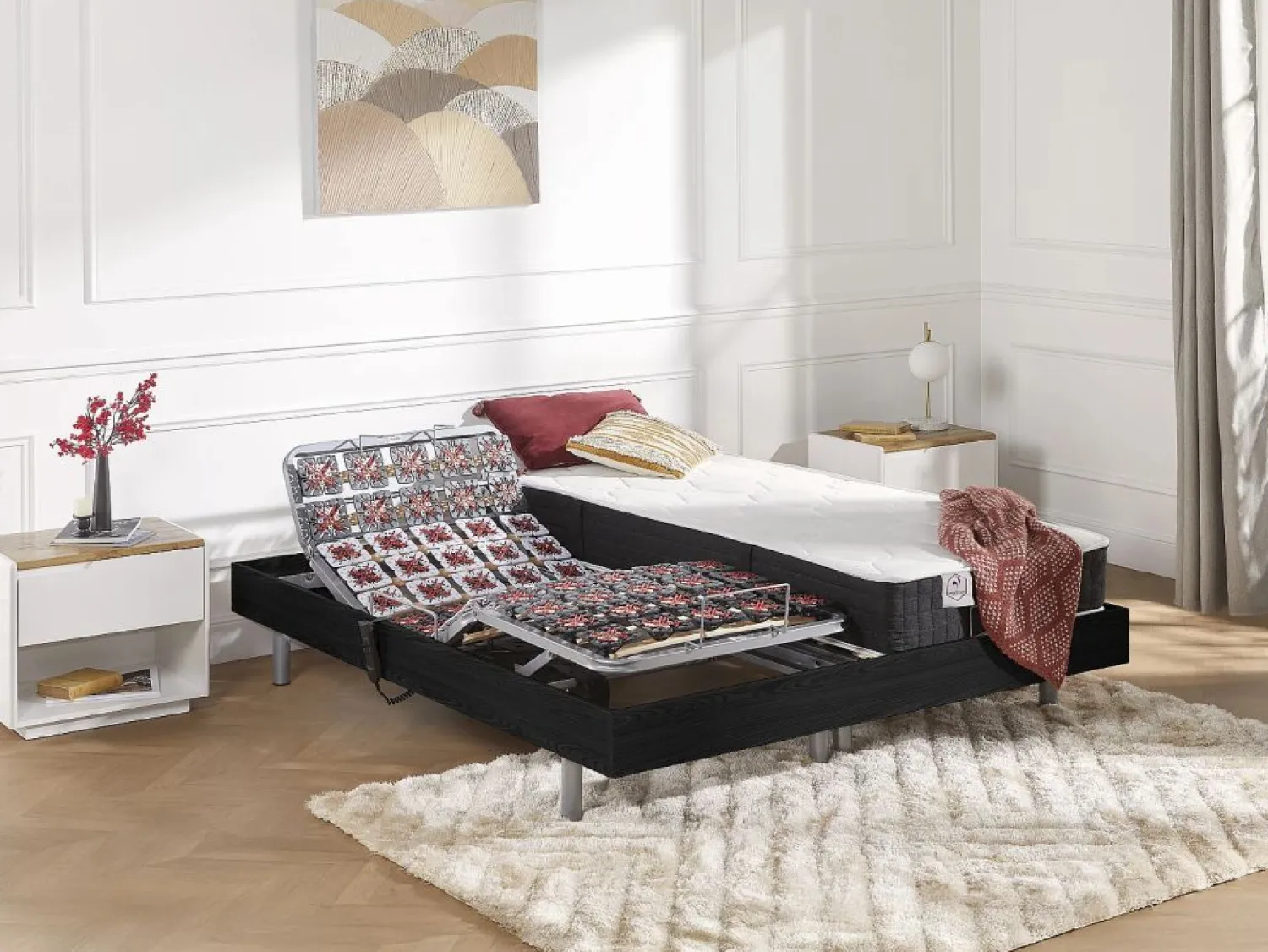 Ysmée Cama articulada eléctrica somier colchón de muelles 5 zonas 2 x 70 x 190 cm beige MANAM