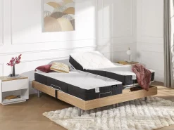 Clearance Ysmée Cama articulada eléctrica somier colchón látex 3 zonas 2 x 80 x 200 cm tela gris JOFAR Color natural claro