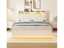 Best Merax Cama basculante hidráulica - 160 x 200 cm - con LED + bolsillos laterales + USB/Tipo C + cabecero con almacenaje - terciopelo - Beige