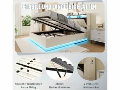 Best Merax Cama basculante hidráulica - 160 x 200 cm - con LED + bolsillos laterales + USB/Tipo C + cabecero con almacenaje - terciopelo - Beige