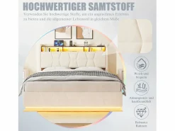 Best Merax Cama basculante hidráulica - 160 x 200 cm - con LED + bolsillos laterales + USB/Tipo C + cabecero con almacenaje - terciopelo - Beige