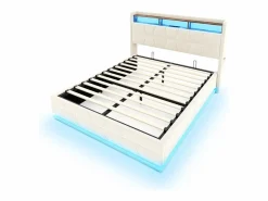 Best Merax Cama basculante hidráulica - 160 x 200 cm - con LED + bolsillos laterales + USB/Tipo C + cabecero con almacenaje - terciopelo - Beige