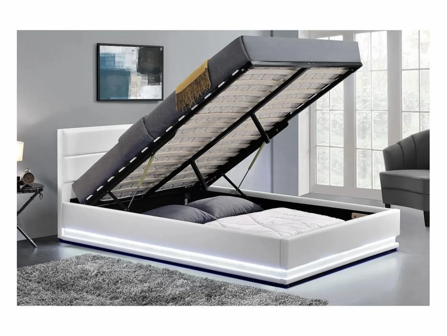 Discount Concept-Usine Cama blanca con caja de almacenaje y LED 160X200 NEW YORK Blanco