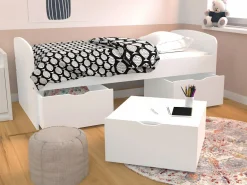 Outlet Vente-unique Cama 2 cajones 1 arcón mesa de centro colchón 90 x 190 cm LOUANE Blanco