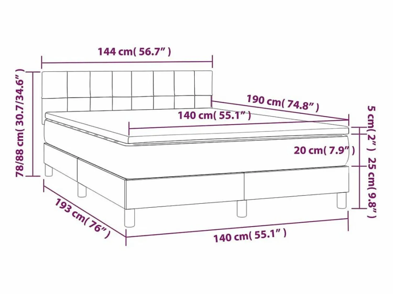 Best Cama box spring colchón y luces LED tela negro 140x190 cm Somier Tapizado|Somier - 140X190Cm