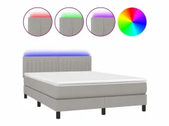 Clicnbuy Cama box spring colchón y luces LED tela gris claro 140x190 cm