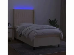 Clicnbuy Cama box spring colchón y luces LED tela color crema 90x190 cm