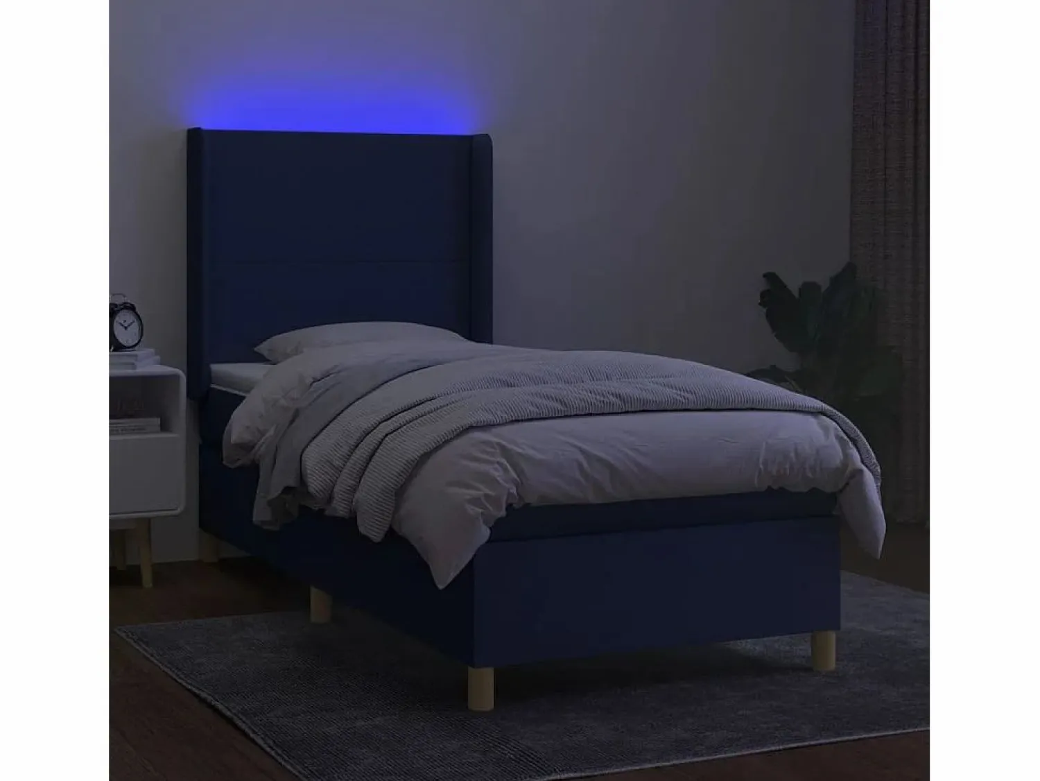 Discount Cama box spring colchón y luces LED tela azul 90x190 cm Somier Tapizado|Somier - 90X190Cm