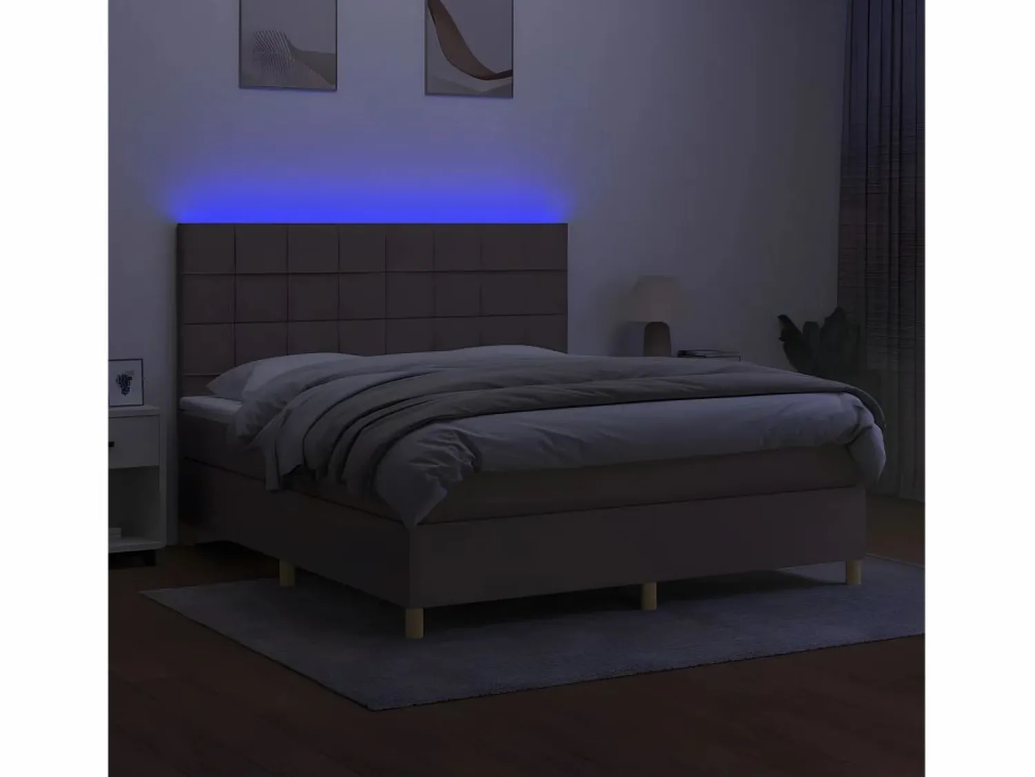 Outlet Cama box spring colchón y luces LED tela gris taupe 180x200 cm Somier - 180X200Cm