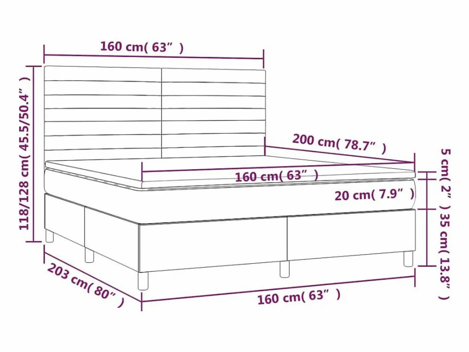Clicnbuy Cama box spring colchón y LED terciopelo oscuro 160x200cm
