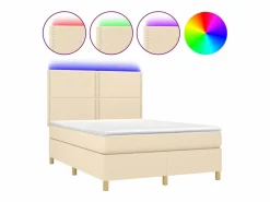Outlet Cama box spring colchón y luces LED tela crema 140x190 cm Somier - 140X190Cm