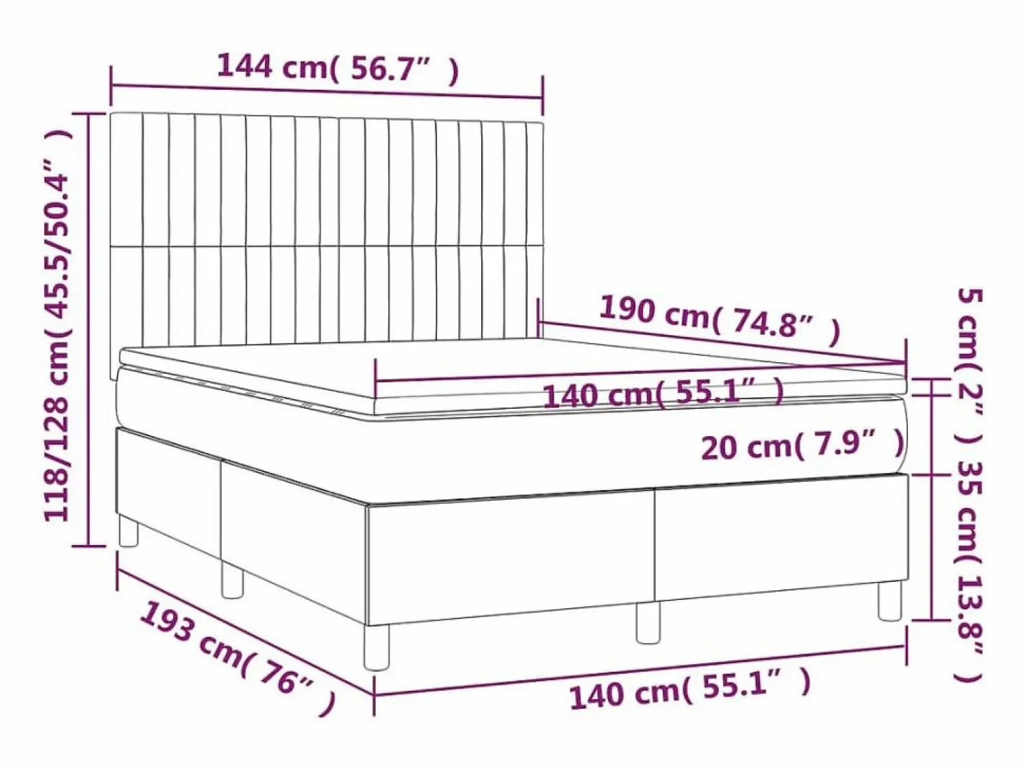 Clicnbuy Cama box spring colchón y luces LED tela crema 140x190 cm