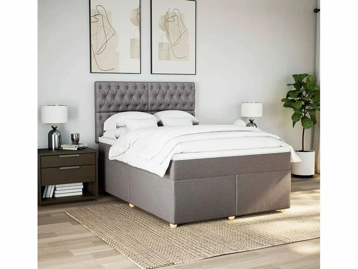 Clicnbuy Cama box spring con colchón tela gris taupe 140x190 cm