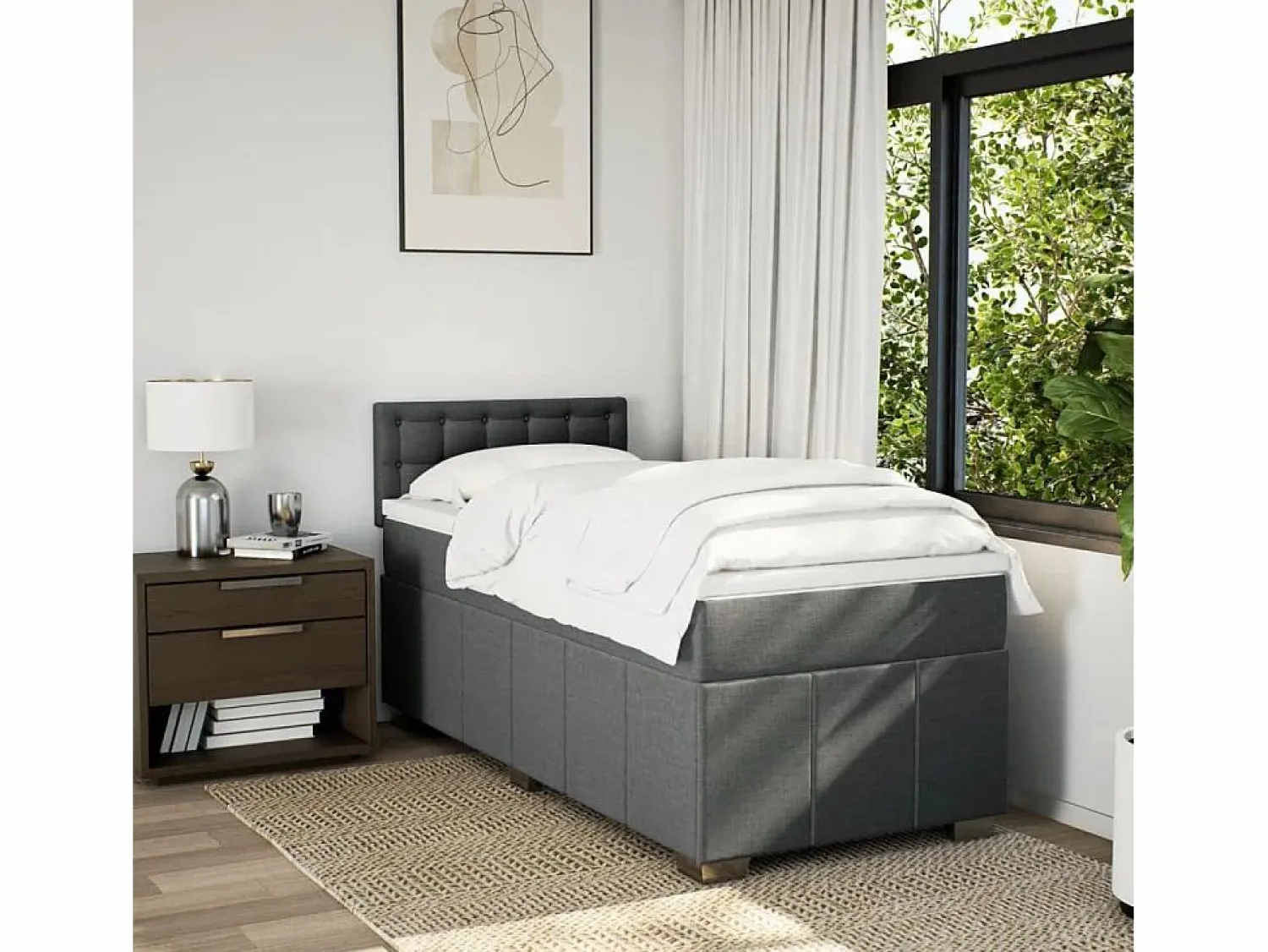 Clicnbuy Cama box spring con colchón tela oscuro 90x190 cm