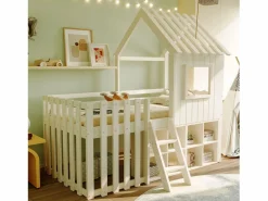 Clearance ModernLuxe Cama cabaña infantil 90x200 cm - con tejado + ventana - con escalera de 2 peldaños y estanterías - Blanco