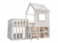 Clearance ModernLuxe Cama cabaña infantil 90x200 cm - con tejado + ventana - con escalera de 2 peldaños y estanterías - Blanco