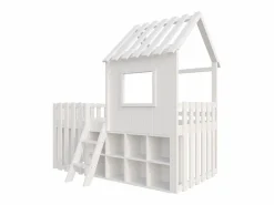 Clearance ModernLuxe Cama cabaña infantil 90x200 cm - con tejado + ventana - con escalera de 2 peldaños y estanterías - Blanco