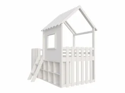 Clearance ModernLuxe Cama cabaña infantil 90x200 cm - con tejado + ventana - con escalera de 2 peldaños y estanterías - Blanco