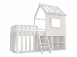 Clearance ModernLuxe Cama cabaña infantil 90x200 cm - con tejado + ventana - con escalera de 2 peldaños y estanterías - Blanco