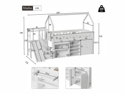 Clearance Cama cabaña 90x200 cm - Cajón y casillero - Con tobogán y escaleras de puerta magnética - Madera maciza - Cama Montessori