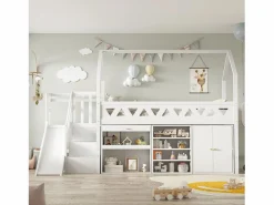 Clearance Cama cabaña 90x200 cm - Cajón y casillero - Con tobogán y escaleras de puerta magnética - Madera maciza - Cama Montessori