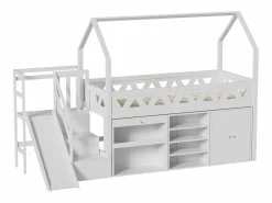Clearance Cama cabaña 90x200 cm - Cajón y casillero - Con tobogán y escaleras de puerta magnética - Madera maciza - Cama Montessori