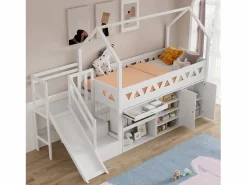 Clearance Cama cabaña 90x200 cm - Cajón y casillero - Con tobogán y escaleras de puerta magnética - Madera maciza - Cama Montessori