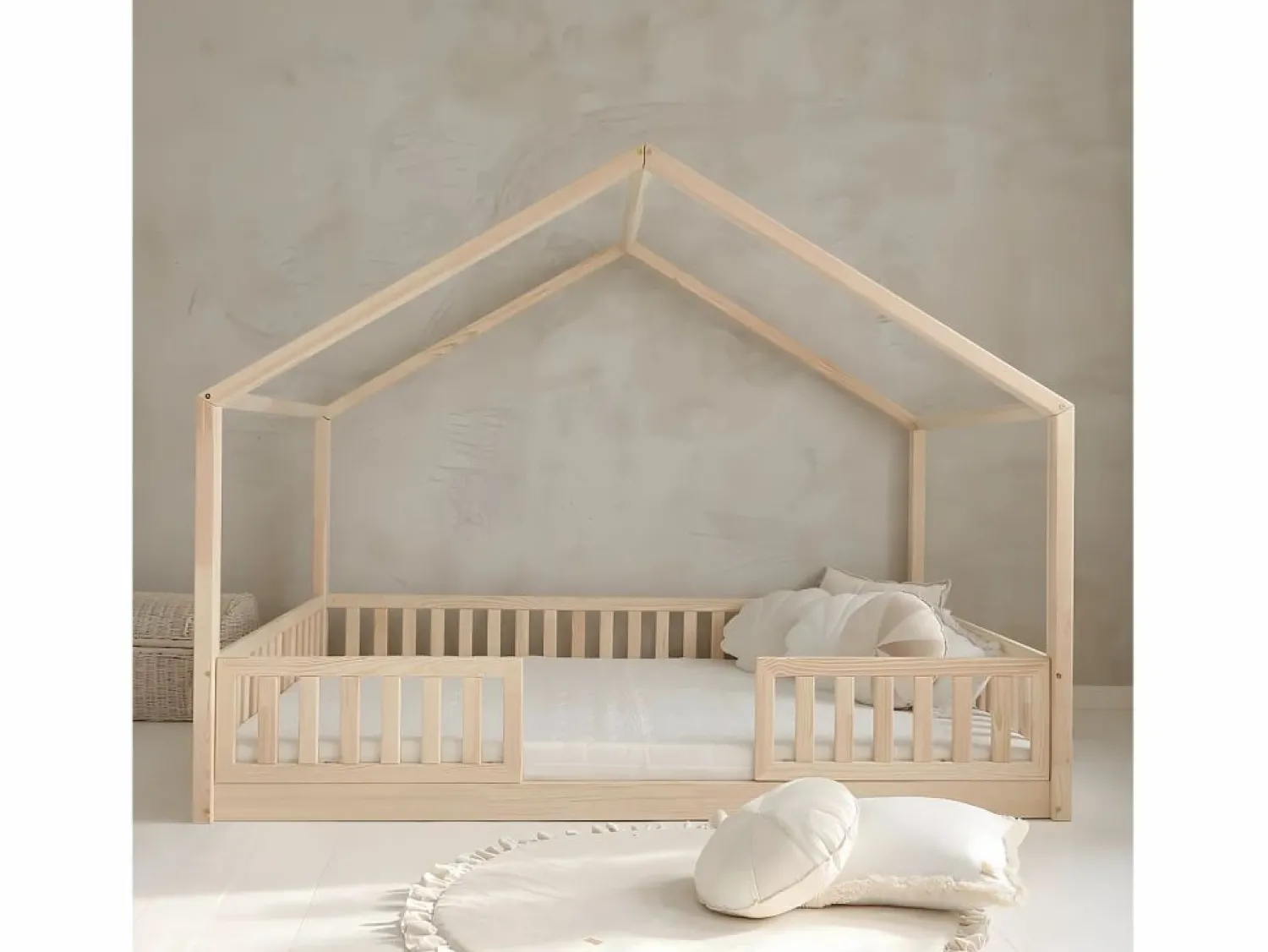 Discount Cama cabaña 140x200 con barandilla y somier patas de 1 cm Roxane Madera Cama Montessori