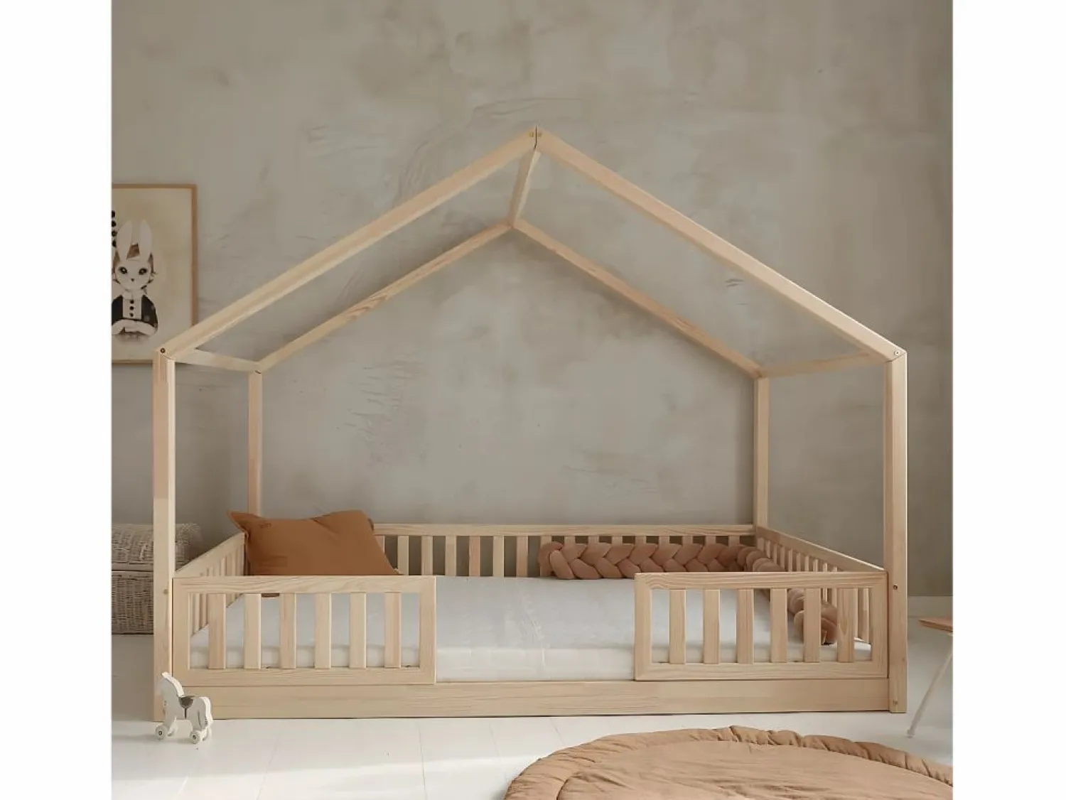 Discount Cama cabaña 140x200 con barandilla y somier patas de 1 cm Roxane Madera Cama Montessori