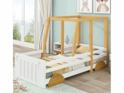 Online Merax Cama cabina - 90 x 200 cm - MDF y pino - somier de láminas - colores blanco y natural Color natural claro